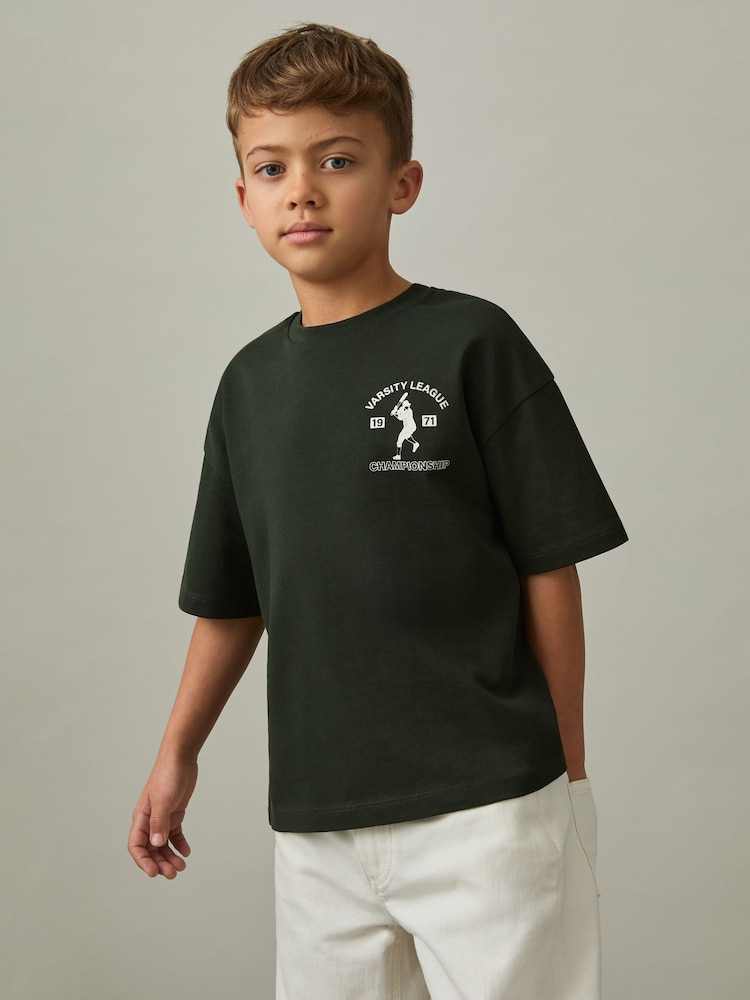 Reiss Forest Green Zito 3-9 yrs Cotton Varsity-League T-Shirt - Image 1 of 4
