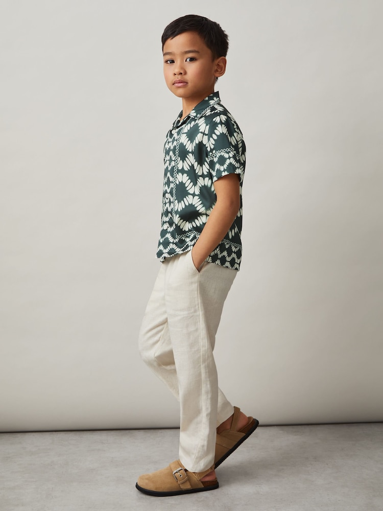 Reiss Green Maki 9-13 yrs Abstract Print Cuban Collar Shirt - Image 1 of 4 Reiss Green Maki 9-13 yrs Abstract Print Cuban Collar Shirt - Image 1 of 4