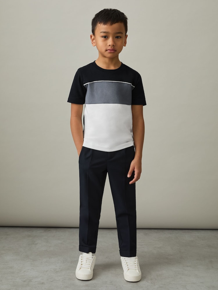 Reiss Airforce Blue Multi Cole 3-9 yrs Cotton Colour-Block Piped T-Shirt - Image 1 of 4