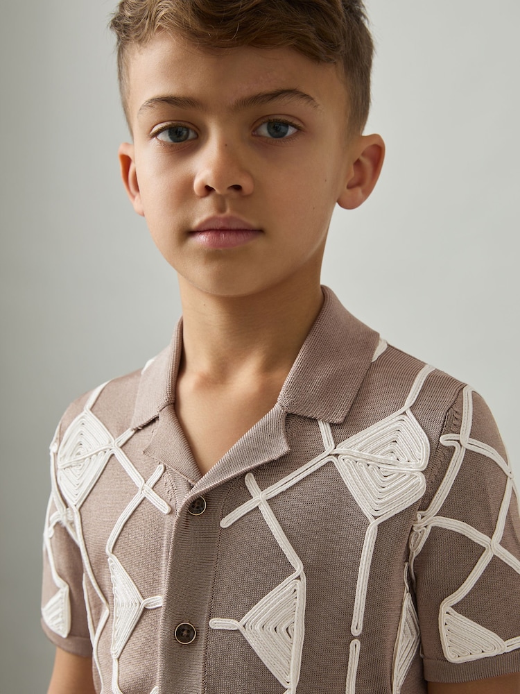 Reiss Mink Brown/ Off White Terrazzo 9-13 yrs Geometric Embroidery Knit Shirt - Image 1 of 4