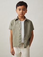Reiss Thyme Green Holiday Linen Short-Sleeve Shirt - Image 1 of 4