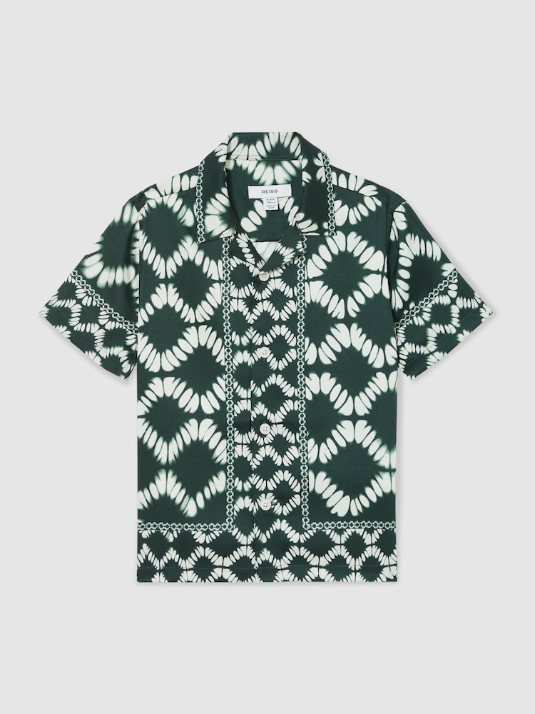 Reiss Green Maki 13-14 yrs Abstract Print Cuban Collar Shirt - Image 1 of 4