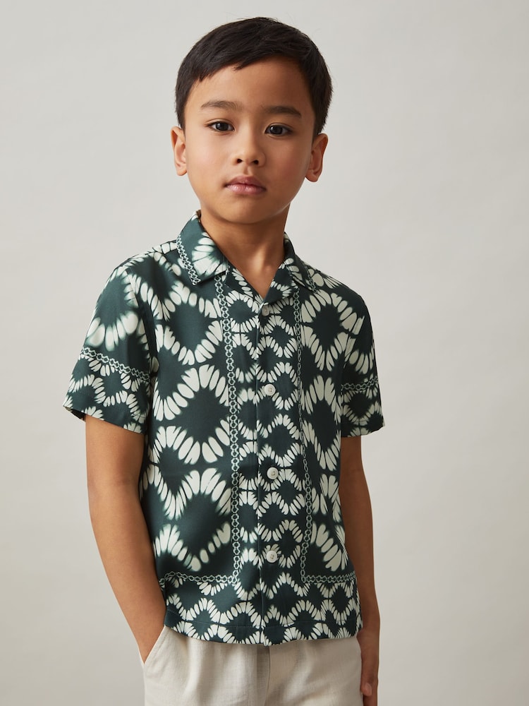 Reiss Green Maki 13-14 yrs Abstract Print Cuban Collar Shirt - Image 2 of 4