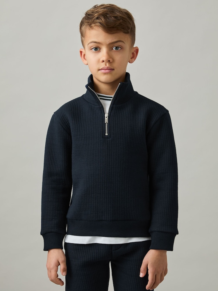 Reiss Navy Ashby 9-13 yrs Cotton-Blend Half-Zip Funnel-Neck Jumper - Image 1 of 4