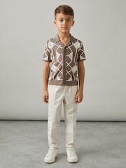 Reiss Mink Brown/ Off White Terrazzo 3-9 yrs Geometric Embroidery Knit Shirt - Image 1 of 4