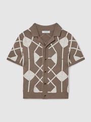 Reiss Mink Brown/ Off White Terrazzo 3-9 yrs Geometric Embroidery Knit Shirt - Image 2 of 4