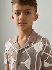 Reiss Mink Brown/ Off White Terrazzo 3-9 yrs Geometric Embroidery Knit Shirt - Image 3 of 4