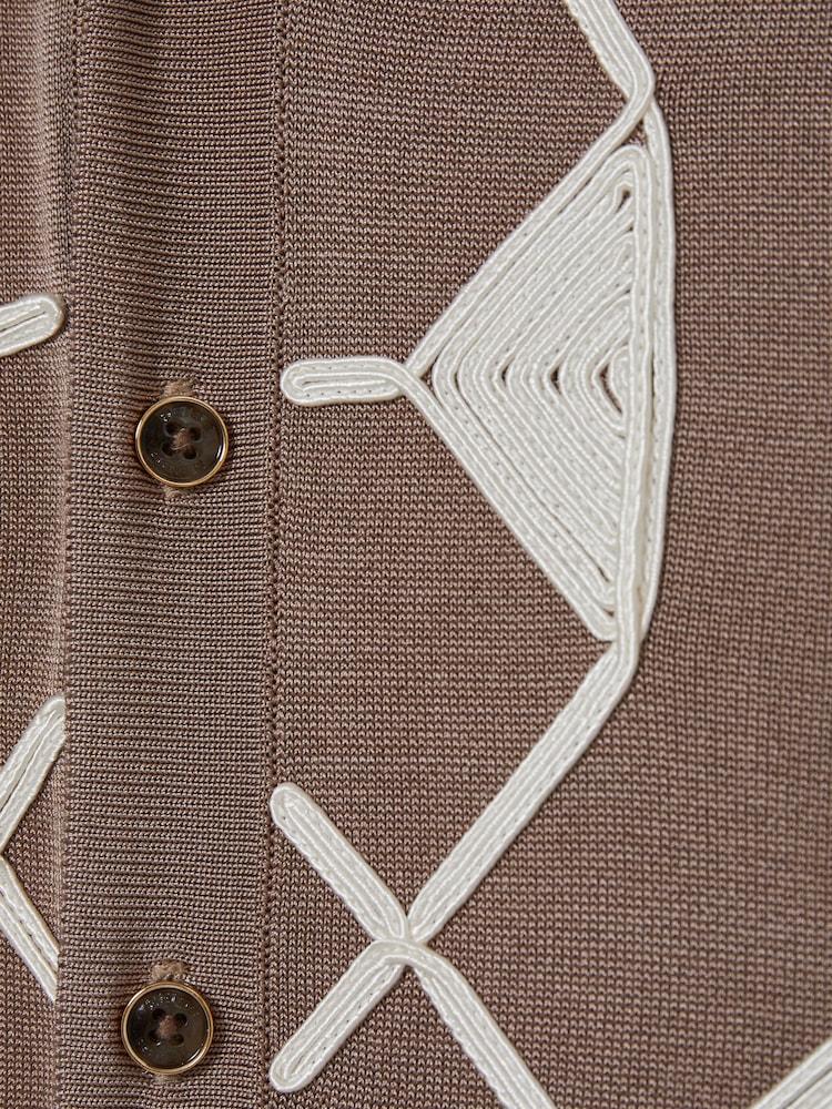 Reiss Mink Brown/ Off White Terrazzo 3-9 yrs Geometric Embroidery Knit Shirt - Image 4 of 4