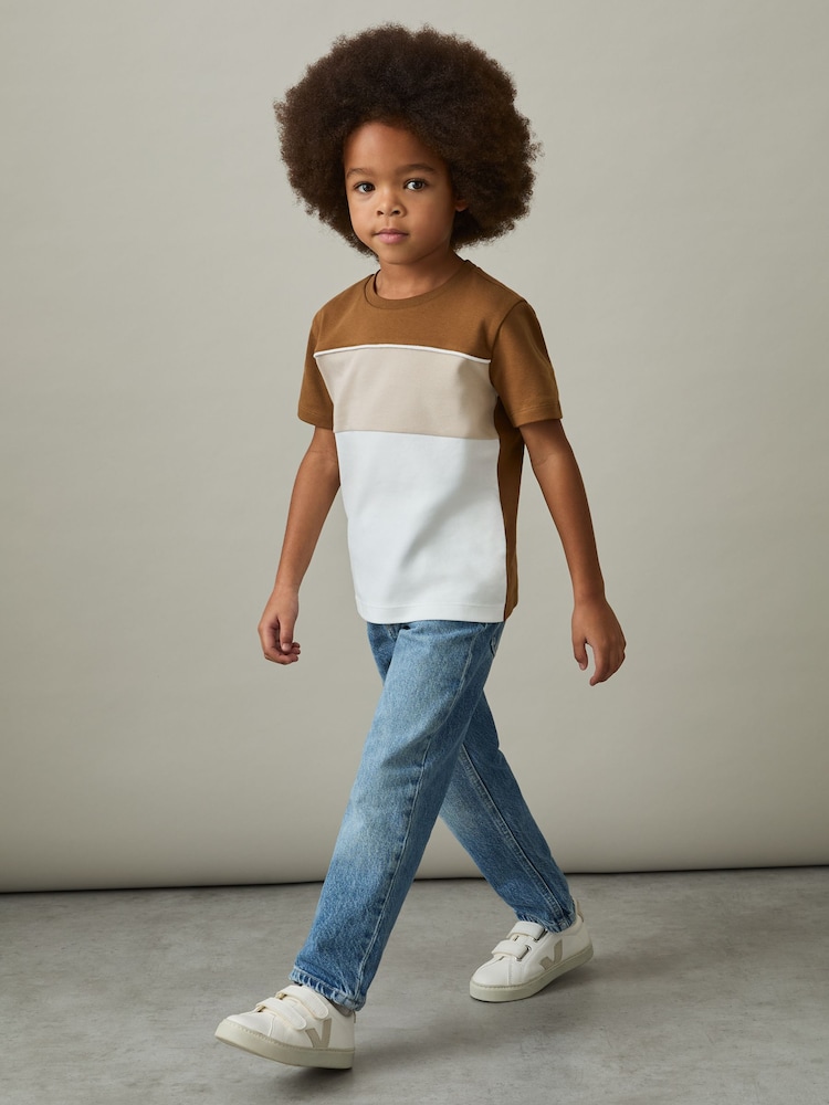 Reiss Tobacco Brown Multi Cole 3-9 yrs Cotton Colour-Block Piped T-Shirt - Image 1 of 4