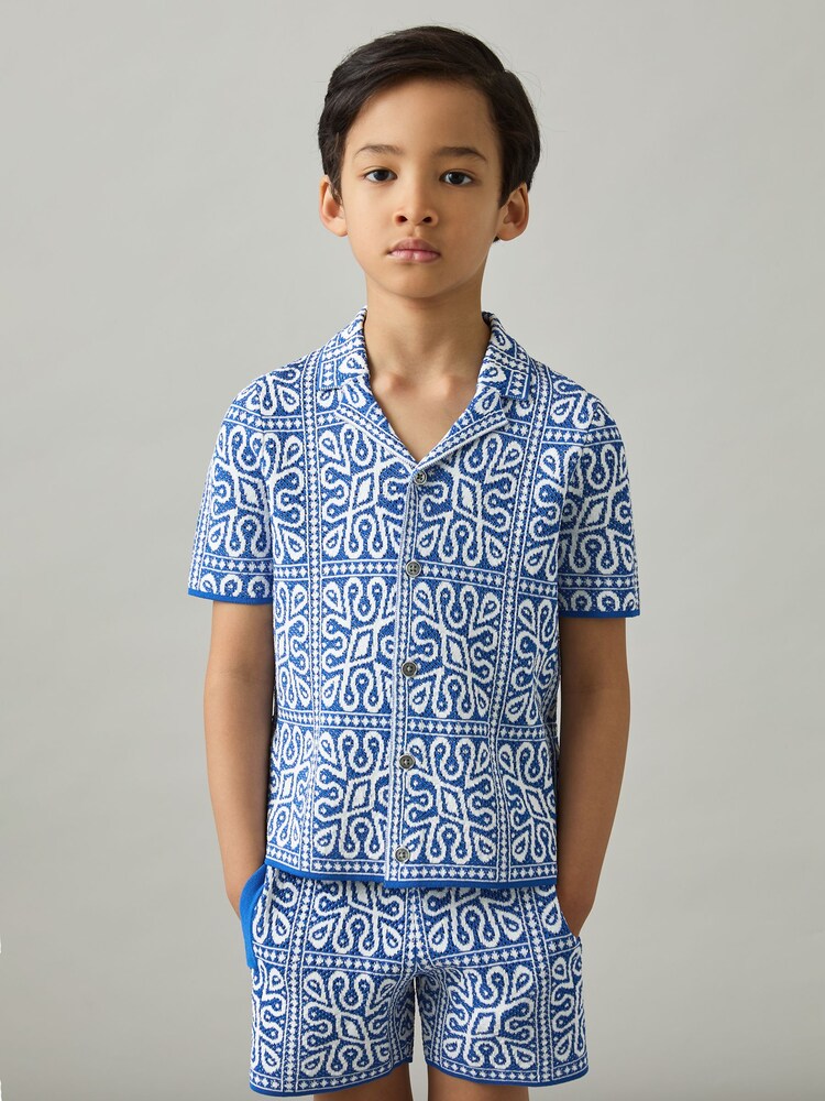 Reiss Blue/White River 13-14 yrs Tile Pattern Knit Shirt - Image 2 of 4