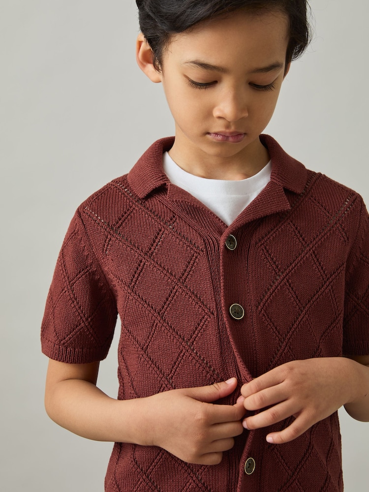 Rojo pimentón - Reiss Filby Cotton Blend Diamond Knit Shirt - Imagen 1 de 4