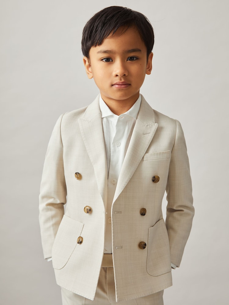 Reiss Stone Belmont 3-9 yrs Double-Breasted Textured Blazer With Wool - Image 1 of 5