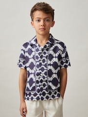 Reiss Blue Maki 9-13 yrs Abstract Print Cuban Collar Shirt - Image 1 of 4