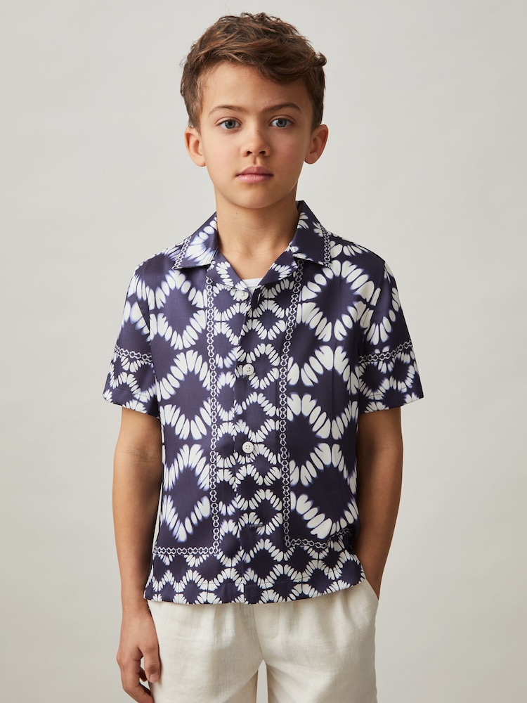Reiss Blue Maki 9-13 yrs Abstract Print Cuban Collar Shirt - Image 1 of 4