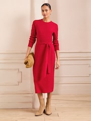 Love & Roses Red Crew Neck Scallop Long Sleeve Knitted Midi Dress - Image 1 of 4