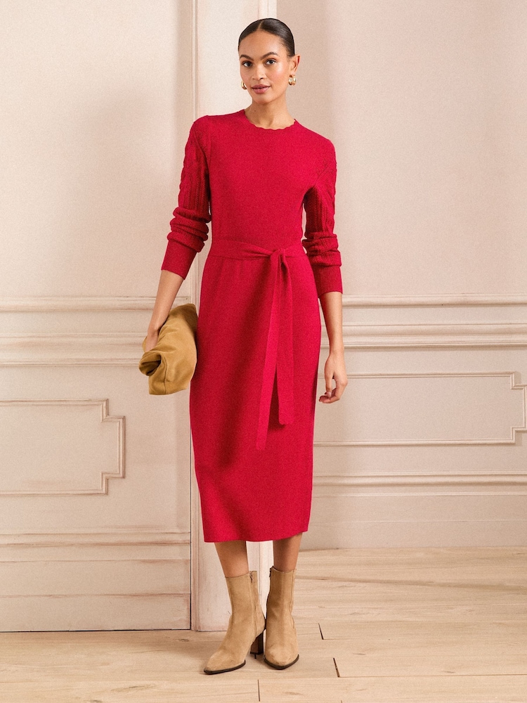 Love & Roses Red Crew Neck Scallop Long Sleeve Knitted Midi Dress - Image 1 of 4