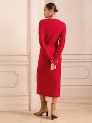 Love & Roses Red Crew Neck Scallop Long Sleeve Knitted Midi Dress - Image 3 of 4