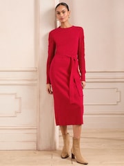 Love & Roses Red Crew Neck Scallop Long Sleeve Knitted Midi Dress - Image 4 of 4