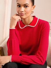 Love & Roses Red Crochet Stitch Collar Fine Gauge Knitted Jumper - Image 1 of 4