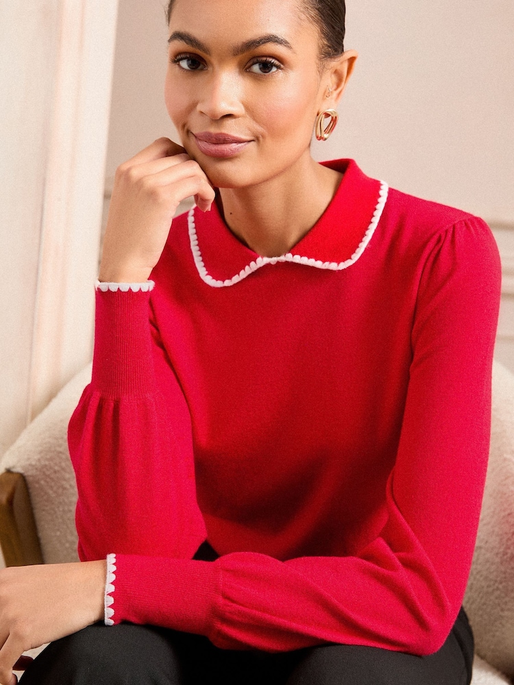 Love & Roses Red Crochet Stitch Collar Fine Gauge Knitted Jumper - Image 1 of 4
