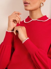 Love & Roses Red Crochet Stitch Collar Fine Gauge Knitted Jumper - Image 2 of 4