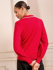 Love & Roses Red Crochet Stitch Collar Fine Gauge Knitted Jumper - Image 3 of 4