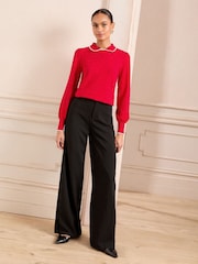 Love & Roses Red Crochet Stitch Collar Fine Gauge Knitted Jumper - Image 4 of 4