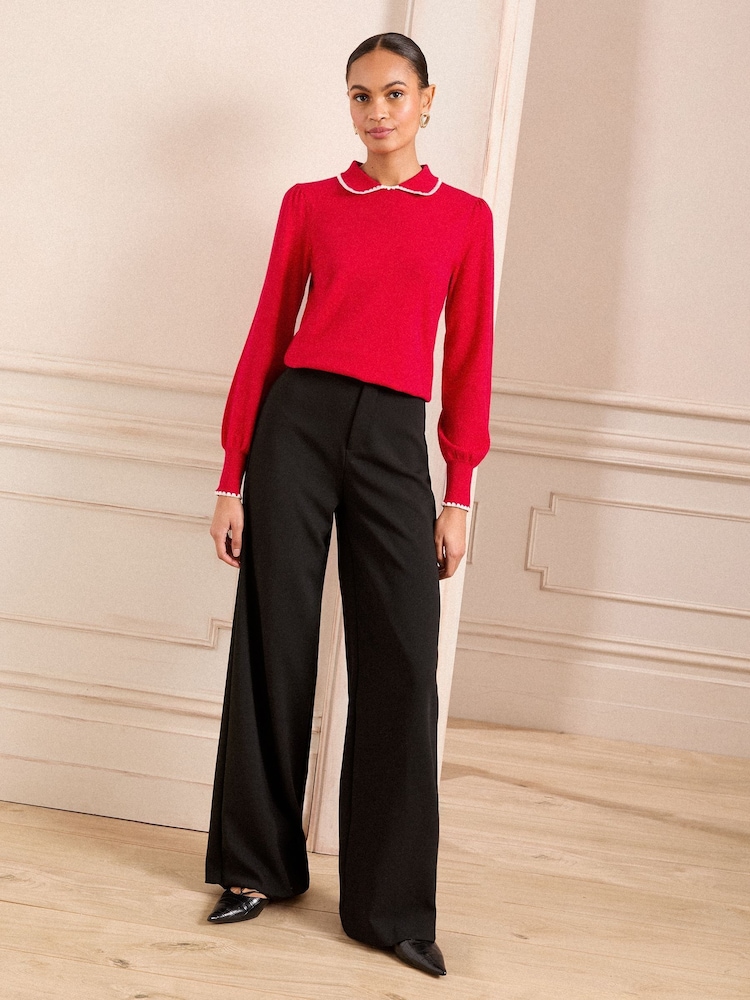 Love & Roses Red Crochet Stitch Collar Fine Gauge Knitted Jumper - Image 4 of 4