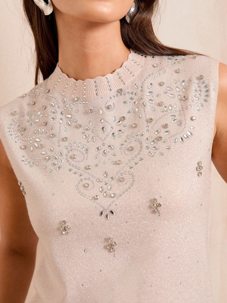 Love & Roses Pink Sequin V-Neck Knitted Vest - Image 2 of 5 Love & Roses Pink Sequin V-Neck Knitted Vest - Image 2 of 5
