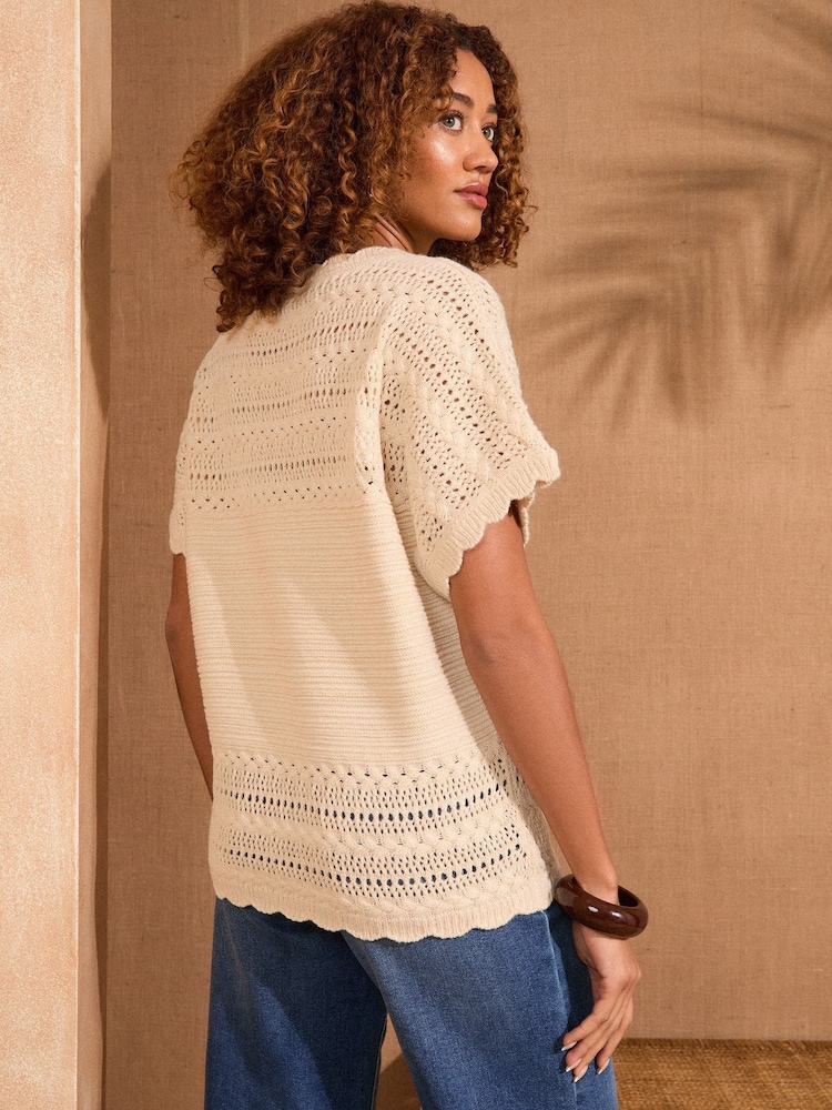 Love & Roses Ivory Petite Scallop Stitch Grown On Sleeve Knit Top - Image 2 of 4