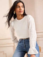 Love & Roses Ivory Ivory Pointelle Flute Cuff Knitted Jumper - Image 1 of 4