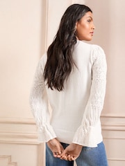 Love & Roses Ivory Ivory Pointelle Flute Cuff Knitted Jumper - Image 4 of 4