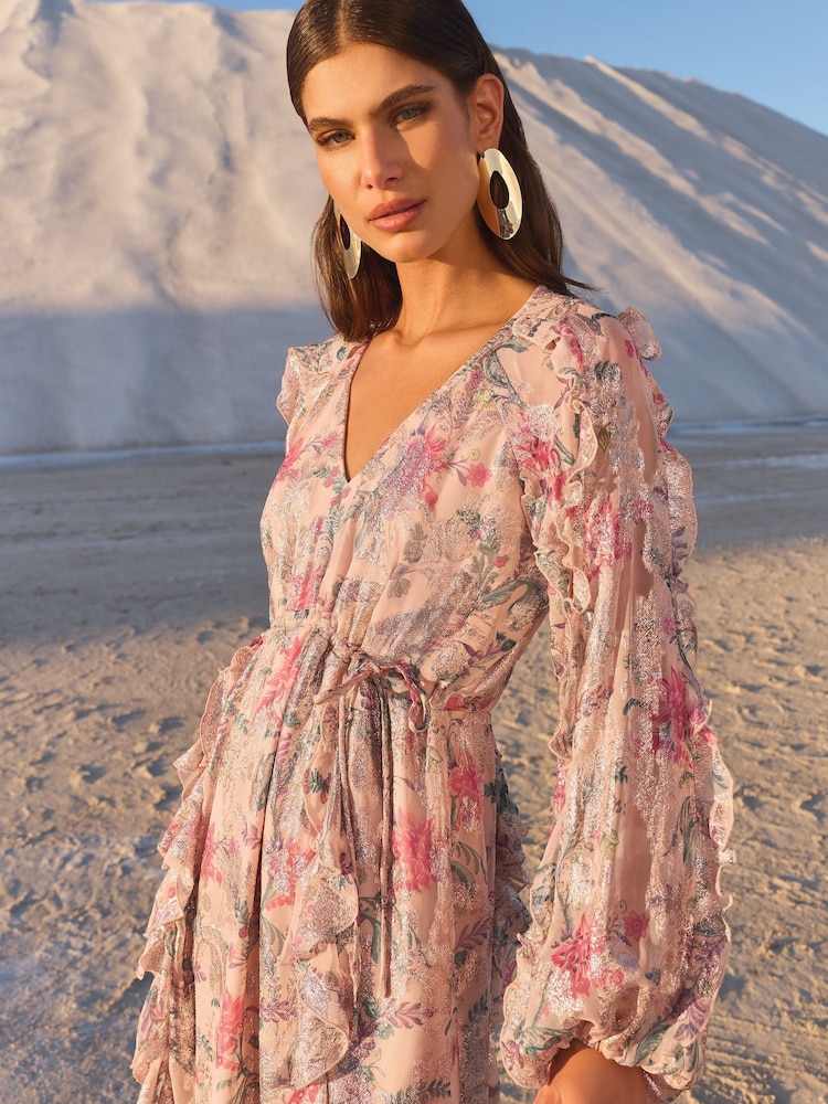V&A I Love & Roses Pink Floral Petite Printed Metallic Ruffle V-Neck Midi Dress - Image 2 of 4