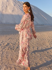 V&A I Love & Roses Pink Floral Petite Printed Metallic Ruffle V-Neck Midi Dress - Image 3 of 4