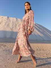 V&A I Love & Roses Pink Floral Petite Printed Metallic Ruffle V-Neck Midi Dress - Image 4 of 4