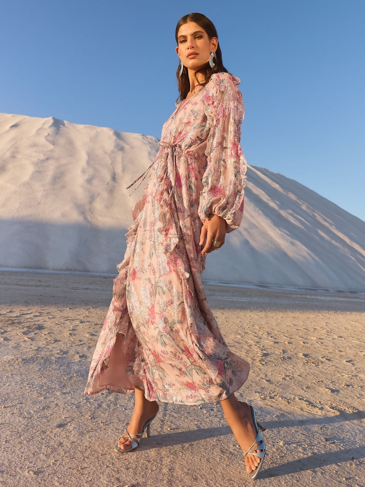 V&A I Love & Roses Pink Floral Petite Printed Metallic Ruffle V-Neck Midi Dress - Image 4 of 4
