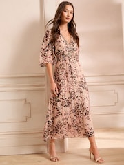 Love & Roses Neutral Animal Print Metallic Beaded V-Neck Short Sleeve Midi Dress - Image 1 of 4