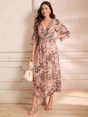 Love & Roses Neutral Animal Print Metallic Beaded V-Neck Short Sleeve Midi Dress - Image 3 of 4