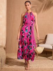 Love & Roses Pink Animal Print Petite Halter Neck Trim Detail Belted Midaxi Dress - Image 1 of 4