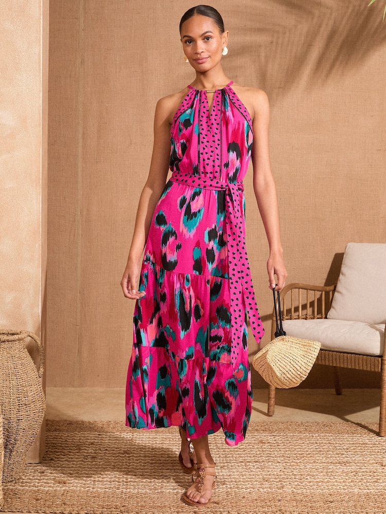 Love & Roses Pink Animal Print Petite Halter Neck Trim Detail Belted Midi Dress - Image 1 of 4 Love & Roses Pink Animal Print Petite Halter Neck Trim Detail Belted Midi Dress - Image 1 of 4