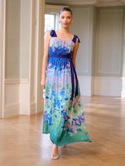 Love & Roses Blue Floral Petite Ombre Tie Shoulder Belted Midaxi Dress - Image 1 of 4