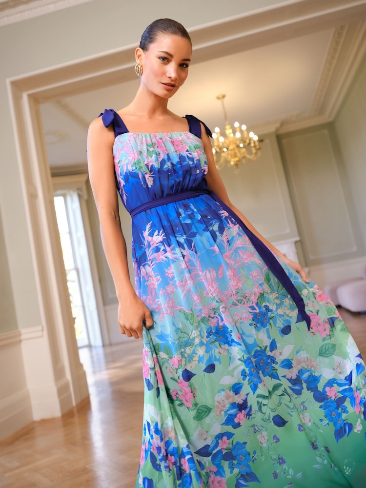 Love & Roses Blue Floral Petite Ombre Tie Shoulder Belted Midaxi Dress - Image 2 of 4