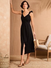 Love & Roses Black Frill Sleeve Strappy Midi Sundress - Image 1 of 4