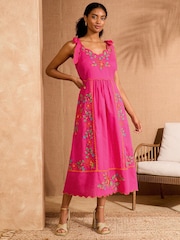Love & Roses Coral Pink Petite Embroidered Scallop Detail Midi Sun Dress - Image 1 of 4
