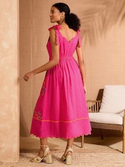 Love & Roses Coral Pink Petite Embroidered Scallop Detail Midi Sun Dress - Image 2 of 4