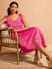 Love & Roses Coral Pink Petite Embroidered Scallop Detail Midi Sun Dress - Image 3 of 4