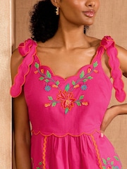 Love & Roses Coral Pink Petite Embroidered Scallop Detail Midi Sun Dress - Image 4 of 4