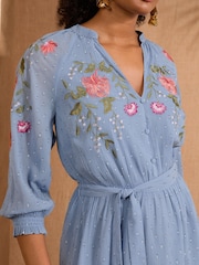 Love & Roses Blue Metallic Embroidered Belted 3/4 Sleeve Mini Dress - Image 2 of 4