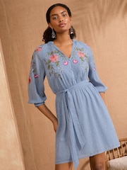 Love & Roses Blue Metallic Embroidered Belted 3/4 Sleeve Mini Dress - Image 3 of 4