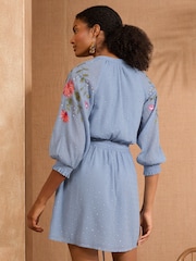 Love & Roses Blue Metallic Embroidered Belted 3/4 Sleeve Mini Dress - Image 4 of 4